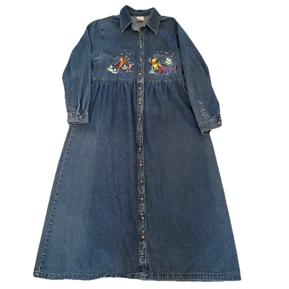 VTG Y2K Winnie the Pooh Piglet Tigger Eeyore Snow Embroidered Denim Dress Large